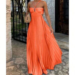 Orange Elegant Women's Spaghetti Strap Flowy Pleated Backless Maxi Sundress